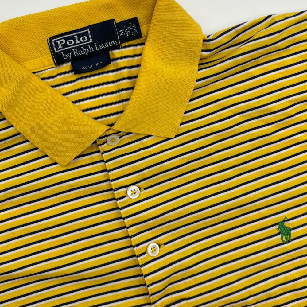 Polo Ralph Lauren Golf Fit Striped Polo Shirt Mens Size M Yellow Navy White‎